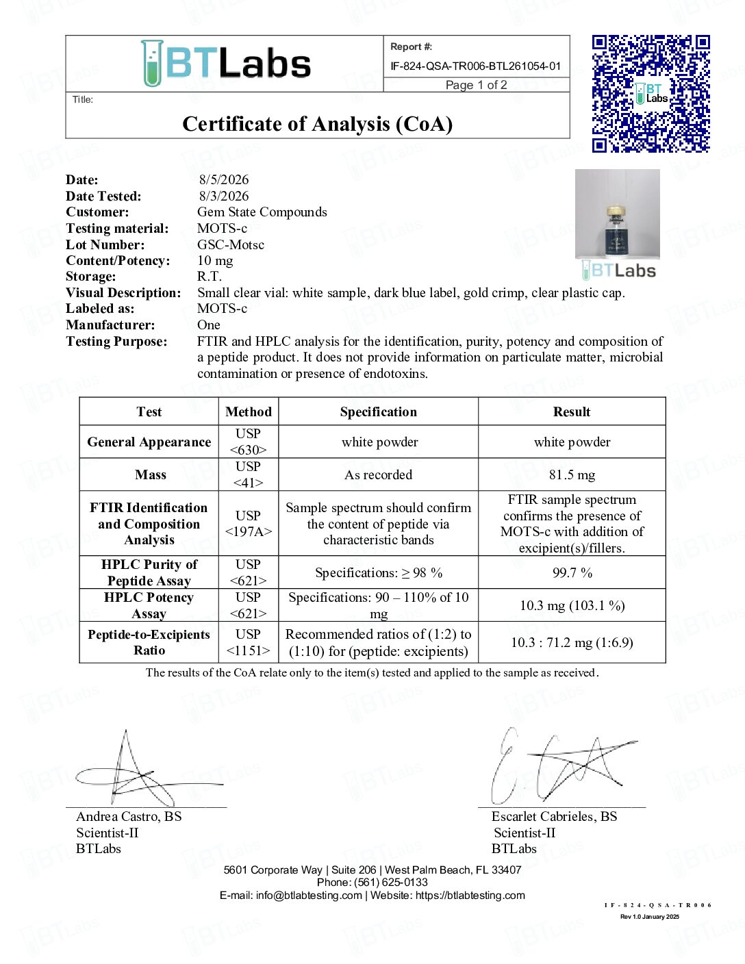 Motsc 10MG COA 8.5.26 GSC ~ MOTS-c